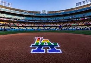 Dodgers logo in Pride colors