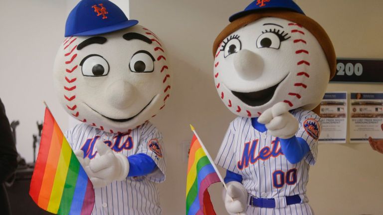 Mets mascots with gay pride flags